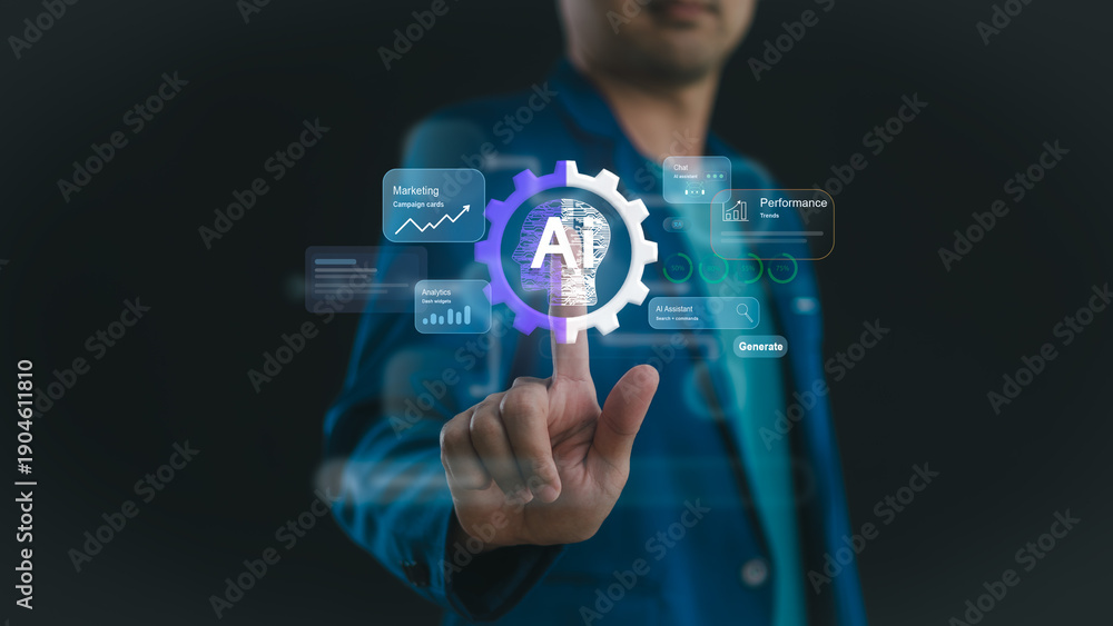 Obraz premium AI marketing and business technology for automation. This analytics performance and digital intelligence concept shows a professional using artificial intelligence for strategic growth