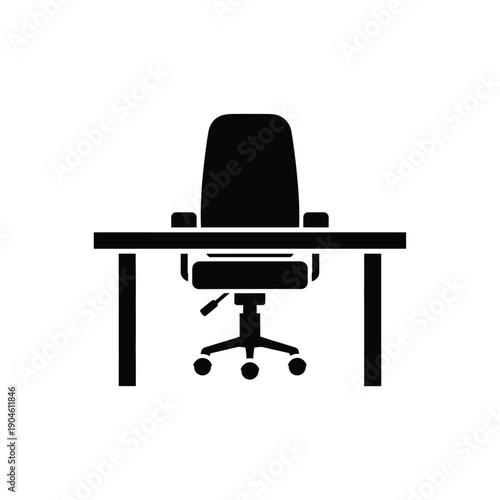 Vector illustration icon a black silhouette of an office chair sitting at a desk with wheels and armrests