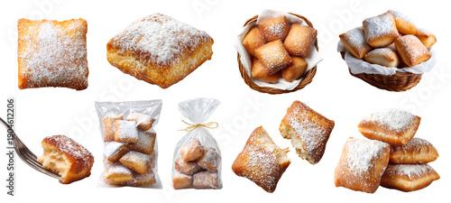 Set of Beignet, square fried dough donuts doughnut choux pastry with powdered sugar, rattan basket, takeout plastic bag, fork, stack pile slice broken bitten, transparent cutout PNG. Many mockup