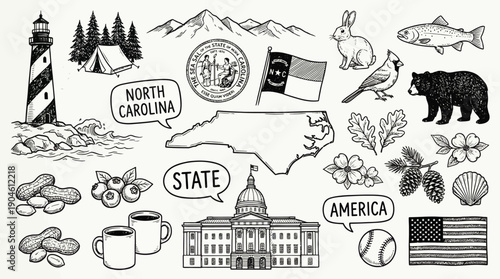 North Carolina State Vector Illustration – Wildlife, Landmarks, Flags, and Cultural Symbols in Black and White for Educational, Decorative, and Graphic Design Projects