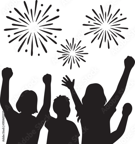 Fireworks celebration silhouette illustration over joyful people, dynamic festive atmosphere, modern abstract vector design. Perfect for New Year celebration, national holidays, festival posters
