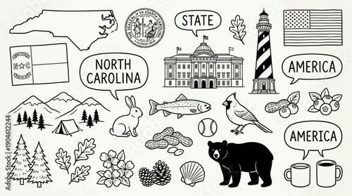 North Carolina State Vector Illustration – Wildlife, Landmarks, Flags, and Cultural Symbols in Black and White for Educational, Decorative, and Graphic Design Projects