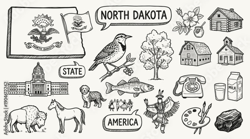 North Dakota State Vector Illustration – Wildlife, Landmarks, Culture, and Resources in Black and White for Educational, Decorative, and Graphic Design Projects