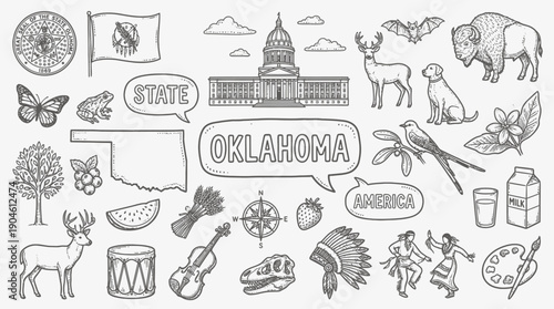 Oklahoma State Vector Illustration – Wildlife, Culture, Landmarks, and Natural Symbols in Black and White for Educational, Decorative, and Graphic Design Projects