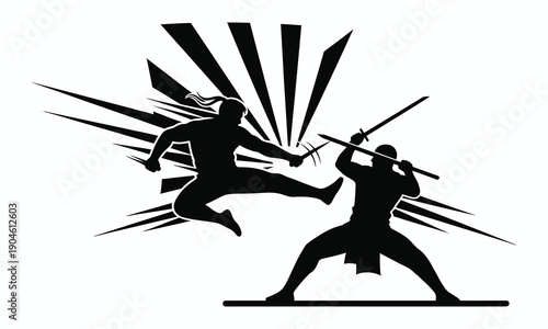 Dynamic martial arts battle with two warriors in action
