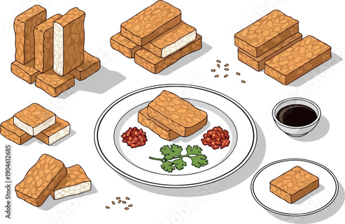 Delicious fried tofu pieces with sesame seeds and dipping sauce, presented as a food illustration