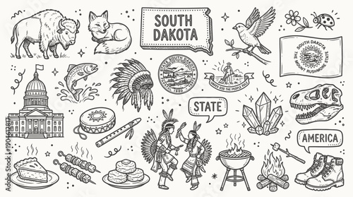 South Dakota State Vector Illustration – Wildlife, Native American Culture, Landmarks, and Food Symbols in Black and White for Educational and Graphic Design Projects