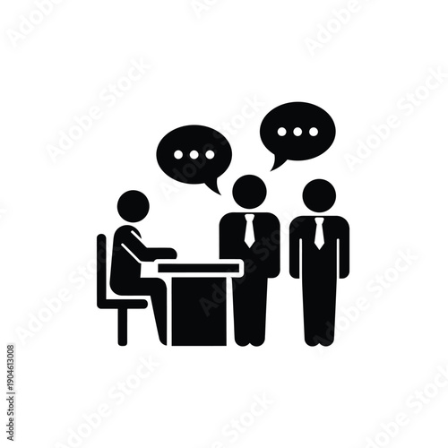 Vector illustration icon a black and white illustration of three business people talking to each other in a meeting