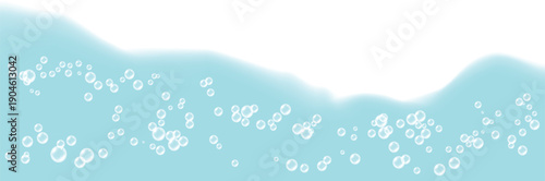 Blue foam isolated on transparent background. White soap froth texture with bubbles, seamless border, foamy frame. Sea or ocean wave. Realistic 3d vector illustration