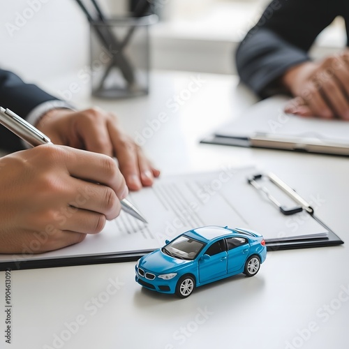 Person signing car insurance contract with toy car on desk