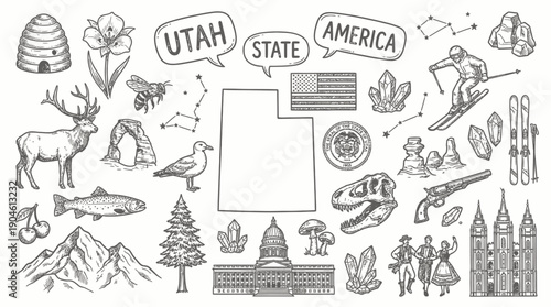 Utah State Vector Illustration – Beehive, Landmarks, Wildlife, Culture, and Natural Symbols in Black and White for Educational, Decorative, and Graphic Design Projects