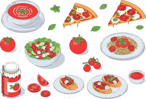 Delicious Italian Food Assortment Featuring Fresh Tomatoes, Pizza, Salad, Bruschetta, and Pasta