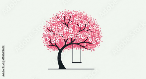 Pink Cherry Blossom Tree with Swing Isolated on White Background
