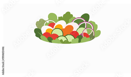 Mixed green salad with boiled eggs and vegetables flat vector illustration in white bowl