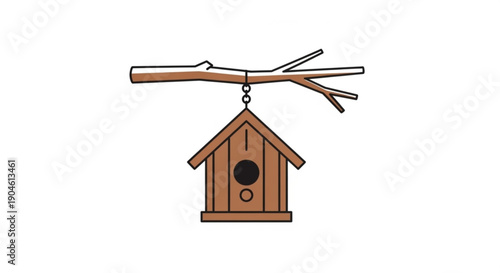 Wooden Birdhouse Hanging from Branch on White Background