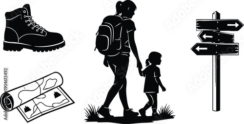 Silhouette vector of adult and child walking holding hands with backpack hiking boot map and wooden direction signpost flat design black and white travel adventure icons set