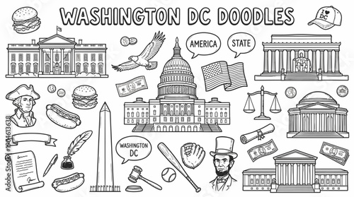 Washington D.C. Vector Illustration – Landmarks, Government, History, Food, and Cultural Symbols in Black and White for Educational, Decorative, and Graphic Design Projects