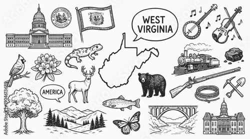 West Virginia State Vector Illustration – Wildlife, Coal Mining, Landmarks, and Cultural Symbols in Black and White for Educational, Decorative, and Graphic Design Projects