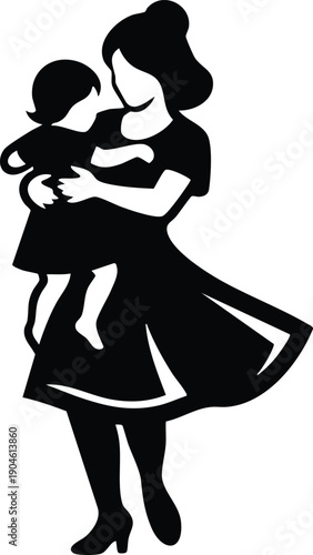 Silhouette of mother holding daughter wearing skirts standing close together in affectionate embrace vector art icon design
