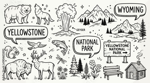 Yellowstone National Park Vector Illustration – Wildlife, Landmarks, Nature, and Cultural Symbols in Black and White for Educational, Decorative, and Graphic Design Projects