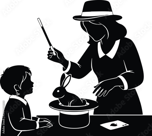 Silhouette of female magician wearing hat performing magic trick pulling rabbit from hat for fascinated child watching closely at table in black and white style