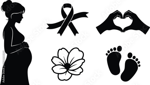 Silhouette flat design of pregnant woman holding belly with love hands ribbon flower and baby footprints vector icons in simple black shape set