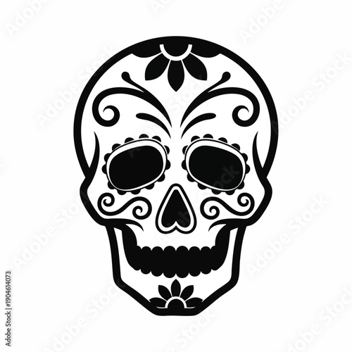 Black and White Sugar Skull Icon with Floral Ornaments - Dia de los Muertos
