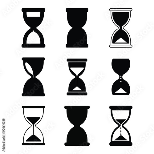 Nine Silhouette Hourglasses on Gradient Background, Time Symbols and Sand Clock Icons, Countdown Vector Illustration