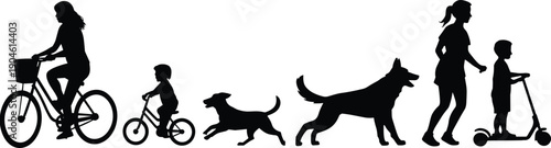 Silhouettes of family with dog riding bike tricycle scooter bicycle