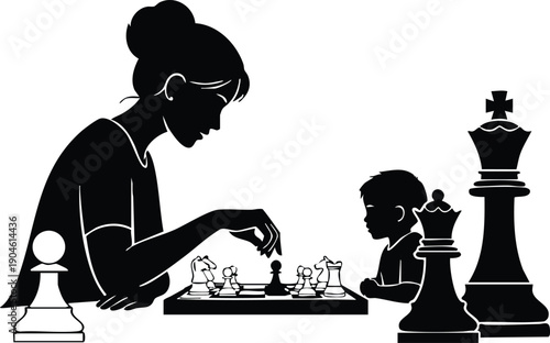 Minimalist black and white vector art showing woman and child playing chess together with large chess pieces in foreground illustrating family bonding intellect strategy game learning