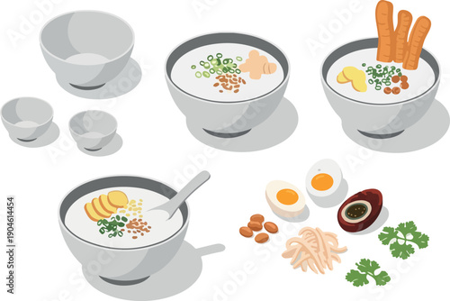 Traditional Asian Breakfast Bowls with Toppings and Accompaniments