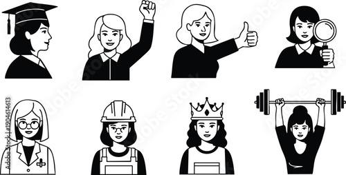 Vector art set of diverse women showing empowerment with graduation cap fist raised thumbs up magnifying glass lab coat helmet crown and weightlifting barbell icons in black silhouette style