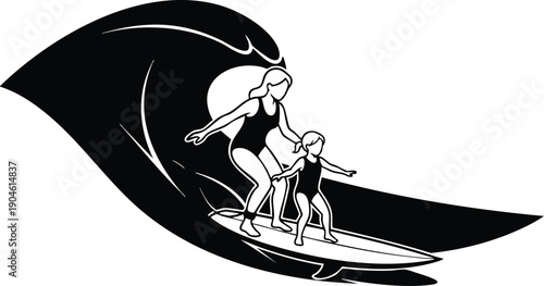 Minimalist vector art of mother and child surfing together on large wave silhouette in balance and harmony with clean black white contrast and dynamic movement