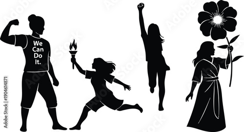 Strong woman flexing muscle wearing we can do it shirt with running girl holding torch and jumping girl raising fist next to woman with large flower silhouette design of female empowerment and unity