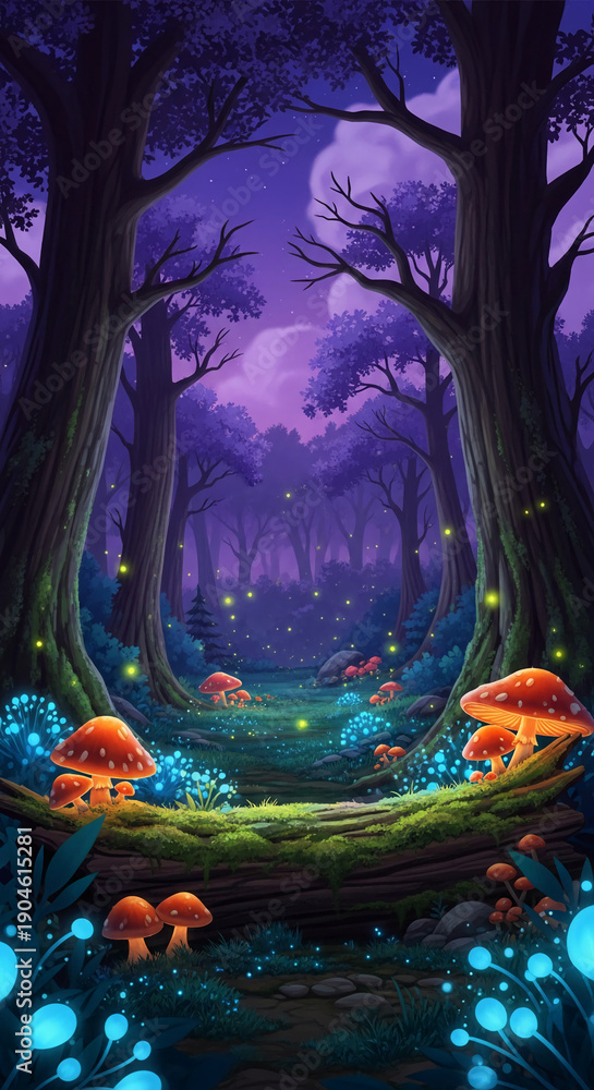 Fototapeta premium Illustration of forest at night. Orange mushroom and blue light creating magical, surreal mood, fantasy, and wonder, like from story or videogame