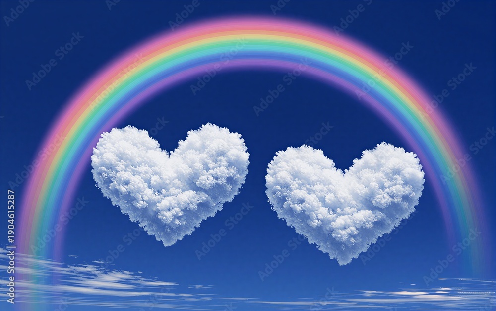 Obraz premium Rainbow arches over two heart-shaped clouds against deep blue sky.