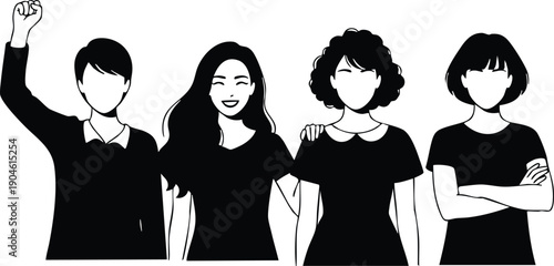 Black and white vector art of diverse faceless women standing shoulder to shoulder with confident expressions and one raising fist in solidarity and empowerment gesture