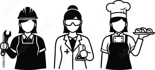 Flat design front view three female professionals mechanic holding wrench scientist holding flask and chef holding tray of bread in studio lighting black silhouette icons closeup