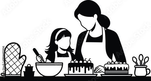 Black and white vector art of mother and daughter baking together decorating cakes with kitchen utensils on countertop in minimal silhouette style