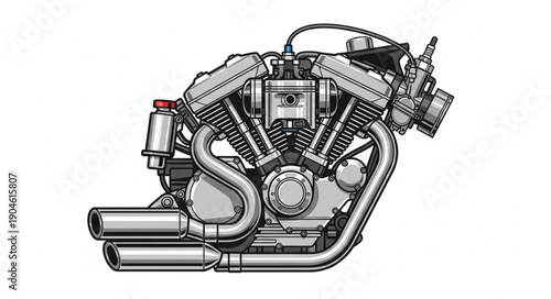 Detailed V Twin Motorcycle Engine Illustration.