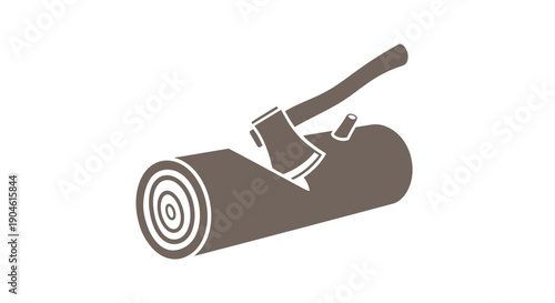 Wood chopping, axe in log, rustic industry icon