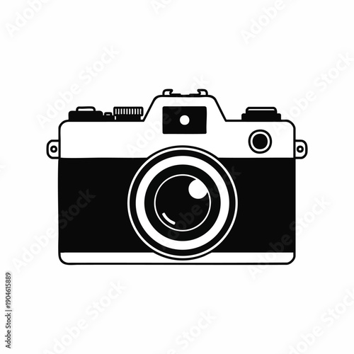 Simple black and white illustration of a vintage camera, perfect for graphic design and photography concepts.
