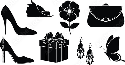 Elegant vector set of high heel shoes clutch purse gift box flower earrings and butterfly silhouette icons for fashion accessories design and decoration