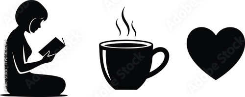 Silhouette of a woman sitting reading a book next to steaming cup of coffee and a heart icon simple black vector illustration minimal design with clear outlines and distinct shapes