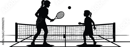 Silhouette vector of woman and girl playing tennis on court with ball flying over net in side view black and white artwork