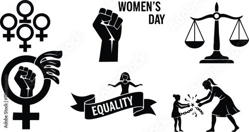 Feminist raised fist symbol with wings womens day equality banner woman breaking child chains justice scale and female gender icons in black silhouette vector art design