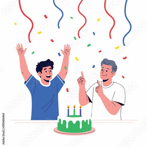 Two men celebrating a birthday with cake and confetti, joyful moment