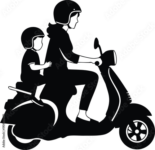 Black and white silhouette of mother and child riding vintage scooter with helmets side view minimal vector art design on white background