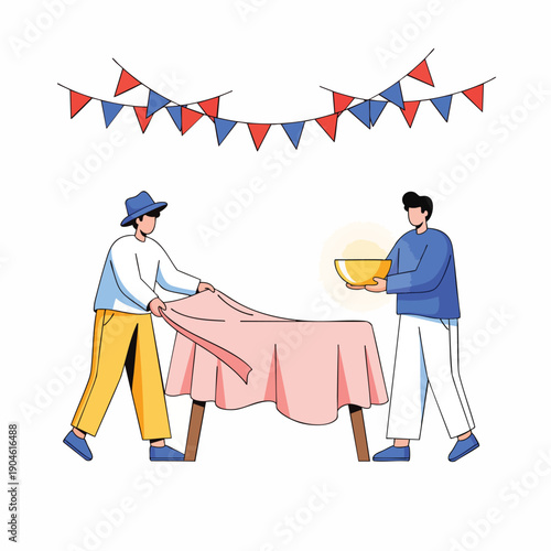 Two people setting up a table for a party with festive decorations