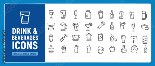 Drink and Beverage Line Icons for Cafes, Menus and Food Apps
